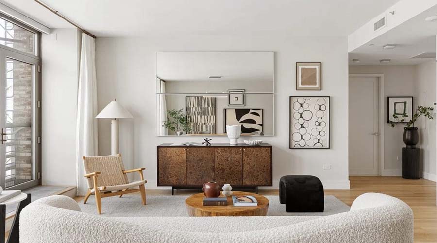 Interior design mixing wood, stone, and textile textures