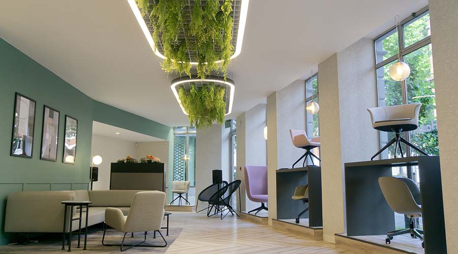 Modern office interior with biophilic design and acoustic elements
