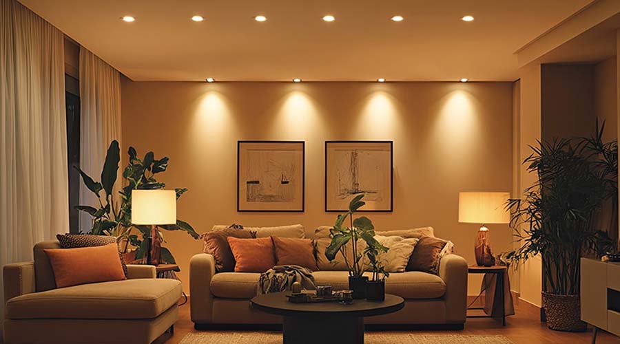 Layered lighting design in a modern living room