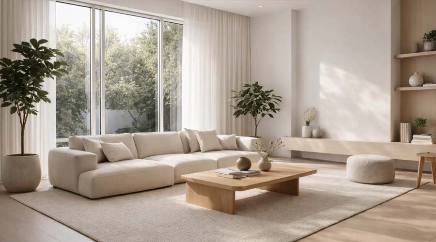 Minimalist living room with restrained color palette and negative space