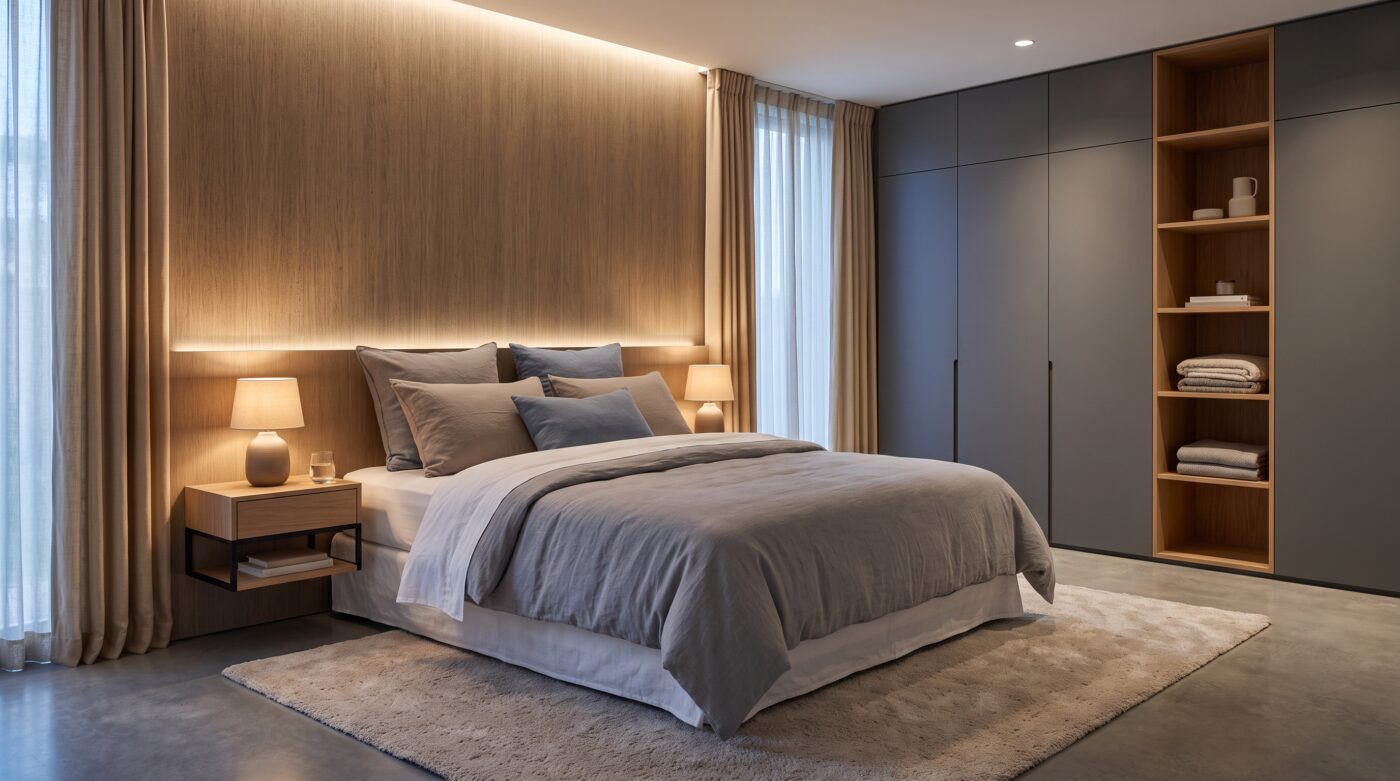 Bedroom interior design with layered lighting and calming palette