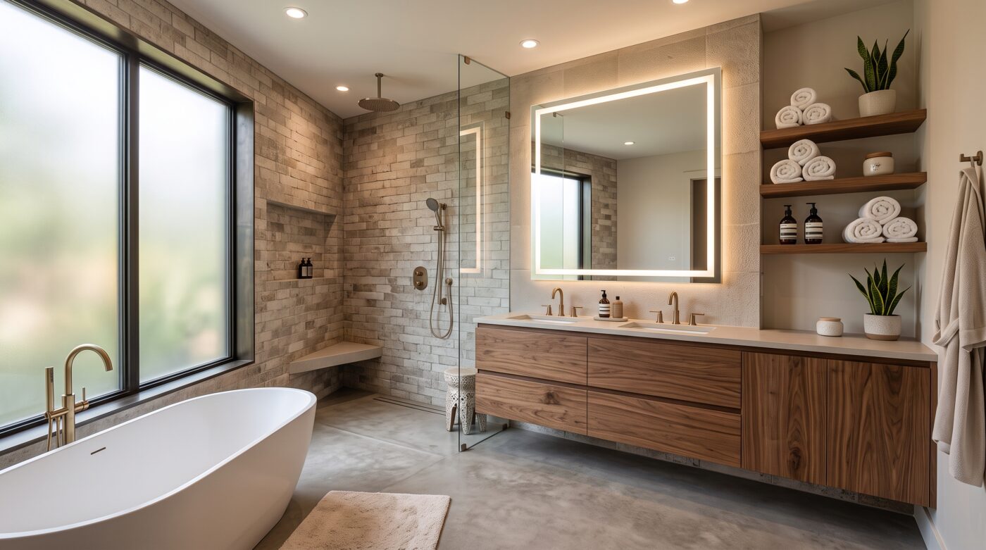 Bathroom interior design with layered lighting and storage