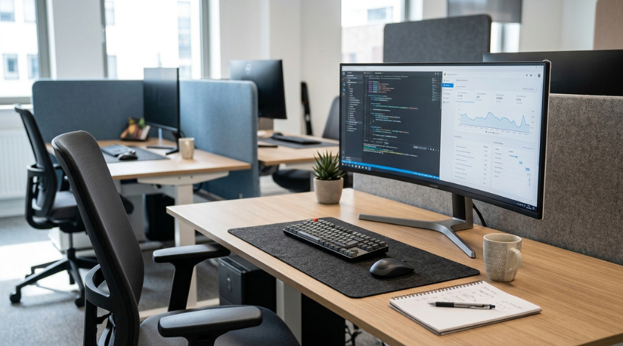 Open-plan office interior design with mixed workstations", "Quiet focus room inside a modern office layout", "Office meeting area designed for collaboration"