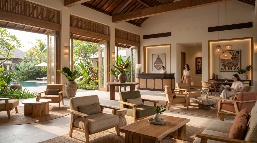 Hotel lobby with warm branded interior design