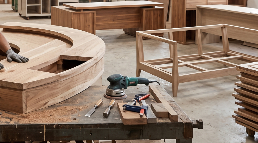 Custom furniture manufacturing workshop with commercial pieces in progress