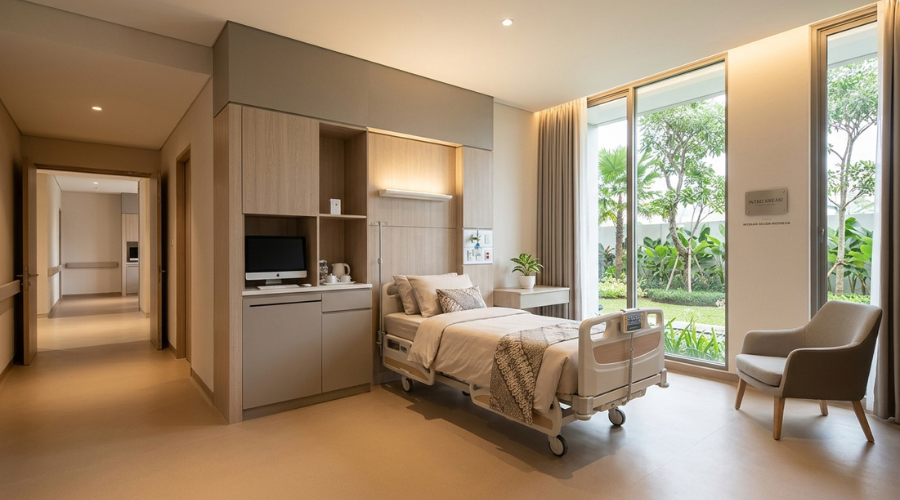 Hospital VIP room with warm lighting and calming interior design", "Clinic waiting area designed for patient comfort", "Nurse station layout planned for workflow efficiency"