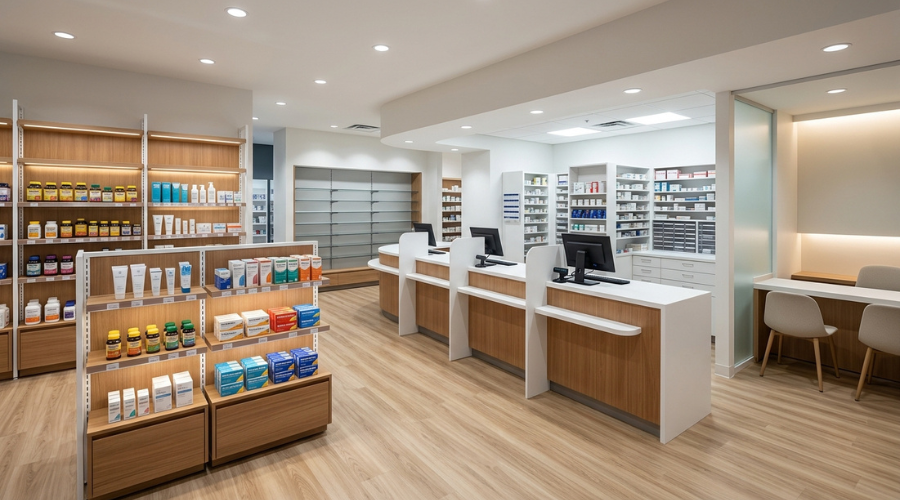 Pharmacy interior design with clear customer flow and counter
