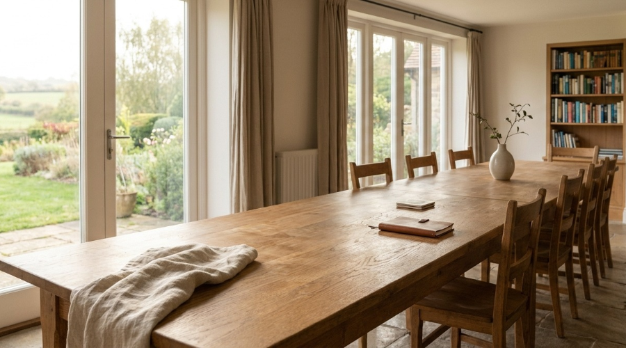 Wooden furniture care with a soft cloth on a dining table