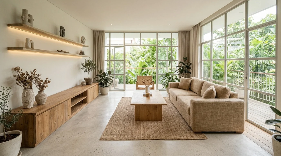 Sustainable interior design with natural daylight and durable wood
